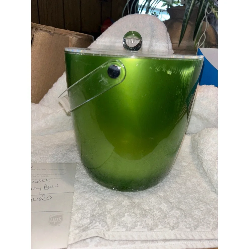 Retro Green Metallic Ice Bucket Acrylic Lid Clear Handle Crystal Knob